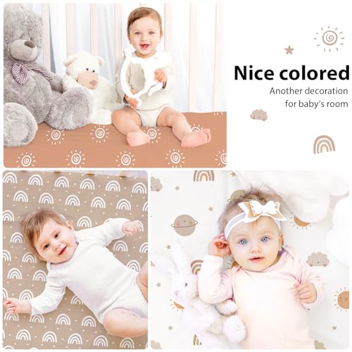 Baby Crib Sheets for Boys and Girls, 3 Pack Fitted Toddler Bed Sheets Neutral for 52”x28” Standard Crib and Toddler Mattresses, Super Soft Microfiber Orange Sun Rainbow
