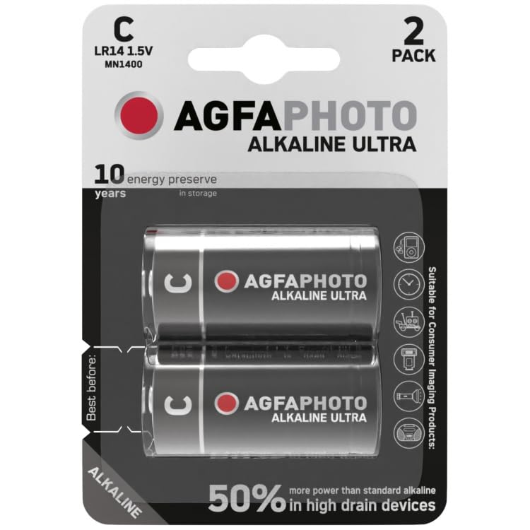 AGFAPHOTO Ultra Alkaline Battery for Reliable and Long Lasting Power (C, Pack of 2)