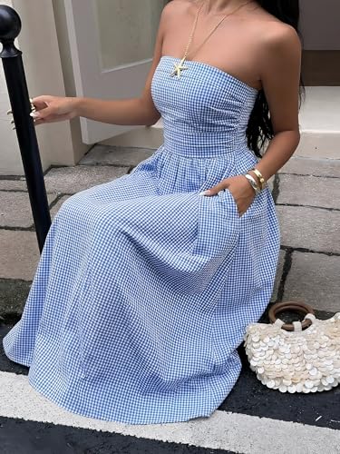 Image of Milumia Women's Striped Strapless Maxi Dress Summer Casual Tube Top Long Dresses with Pocket
