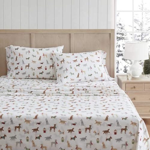 Image of Martha Stewart - Flannel Sheets Full Size, Anti-Pilling & Wrinkle Resistant Cotton, Touchably Soft for All-Season Comfort - Bed Sheets with Matching Pillowcases & Fitted Sheet (Holiday Pups Brown)