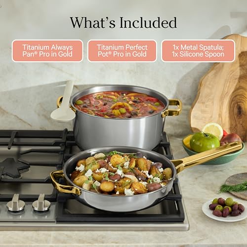Our Place Titanium Pro Cookware Duo – Always Pan & Perfect Pot with Nonstick No-Coating Technology | Tri-Ply Titanium & Stainless Steel | Safe for Oven, Induction & All Cooktops up to 750°F | Gold - Image 8