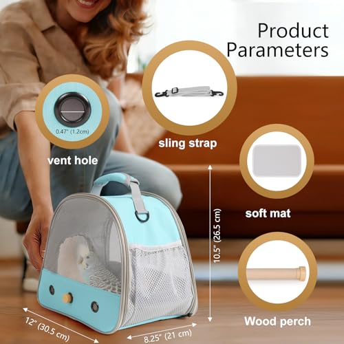 Image of Bird Carrier, Portable Small Bird Parrot Parakeet Carrier with Standing Perch and Stainless Steel Tray, Side Access Window Collapsible (Green, Mesh Windows)