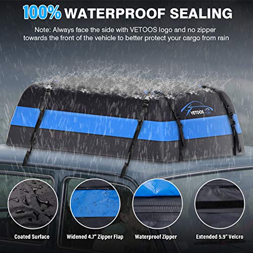 Vetoos 21 Cubic Feet Car Rooftop Cargo Carrier Bag, Soft Roof Top Luggage Bag for All Vechicles SUV with/Without Racks - Waterproof Zip, Anti-Tear 700D PVC, with Storage Bag & Anti-Slip Mat