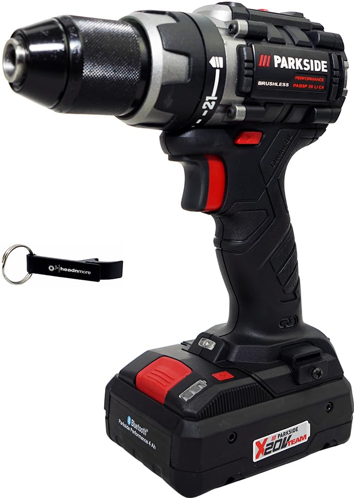 HEADNMORE® Paquete - Taladro atornillador de batería PARKSIDE PERFORMANCE® 20V PABSP 20 (incl. batería inteligente de 4Ah) + llavero