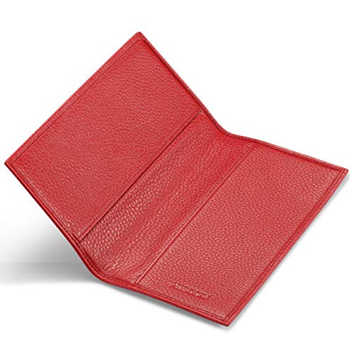 Image of HISCOW Slim Leather Checkbook Cover for Personal Checks, Pebbled Red, One Size | Full grain cowhide, transaction register & check book pockets, removable duplicate divider, durable stitching, gifts for men