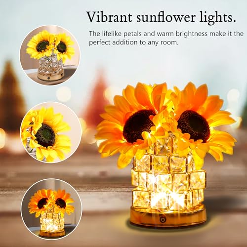 Image of Sunflower Flower Lamp Gifts for Women, 3 Color Dimming Night Light for Womens Mom Her Daughter Christmas Anniversary Birthday Gifts, Bedroom Coffee Shop Decor Rechargeable Cordless Touch Lamp