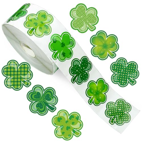 Whaline 1000Pcs St. Patrick's Day Stickers Roll Shamrock Clover Paper Decals 9 Designs Green Sparkly Decorative Reward Seal Sticker for Envelope Journal Decor Party Supplies