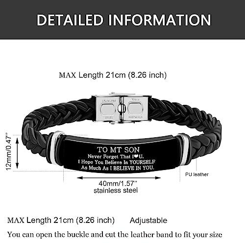 Image of Uloveido PU Leather Stainless Steel ID Bracelet for Son from Mom Dad, Encouragement Inspirational Gift to Men