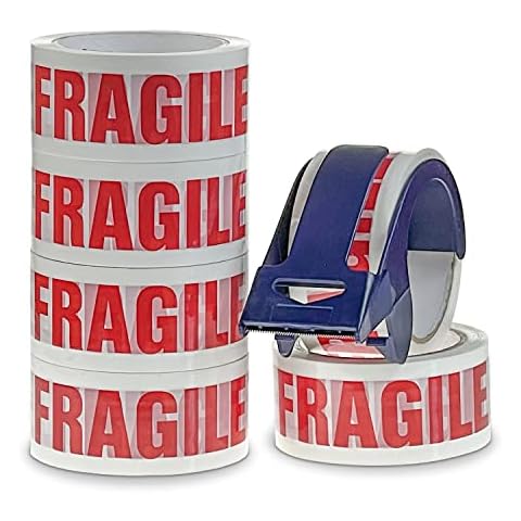 Fragile Tape & Dispenser | 6 Rolls 48mm x 50m Fragile Packing Tape Heavy Duty | Fragile Tape For Packing Boxes | Strong Parcel Tape For Moving with 'Fragile' Print | Easily Seals Parcels & Boxes Cover