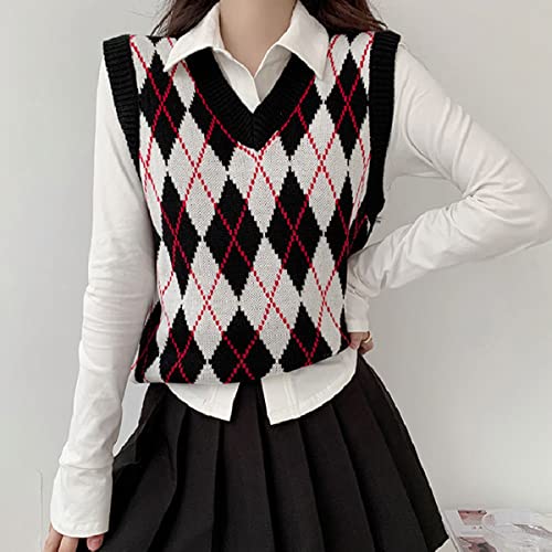 Hyipels Argyle Sweater Vest Women,Y2K Sleeveless Sweaters Plaid Knitted Streetwear Preppy V Neck Long School Tank Top #TOP6
