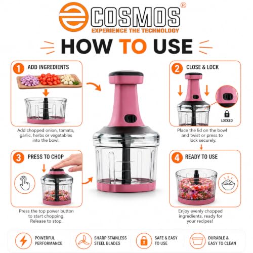 Image of E-COSMOS Food Chopper 800ml, 4 Blade Steel Large Manual Hand-Press Vegetable Chopper Mixer Cutter to Cut Onion, Salad, Tomato, Potato (Dusty Blush)