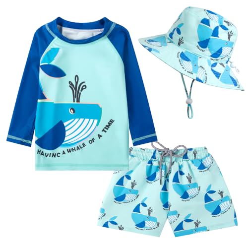 Image of SWMSTUPF Toddlers Baby Boys' 3-Piece Rashguard Set Kids Bathing Suit Set with Hat UPF 50+