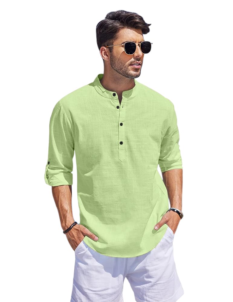 Hemrin Men's Light Green Kurta Shirt, Solid Color, Cotton Blend, Straight, L