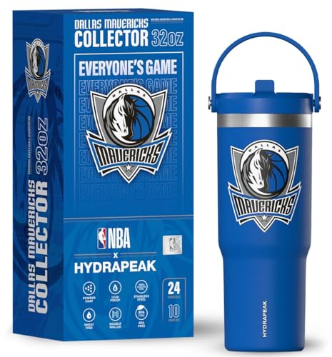 Hydrapeak NBA Officially Licensed Dallas Mavericks Nomad 32oz Insulated Stainless Steel Leakproof Water Bottle with Flexible Grip Handle & Straw Lid, Limited Edition Collector Gift Box