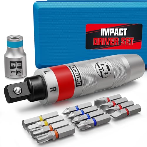 Arwealxs 13 Piece 1/2 Drive Manual Impact Driver Reversible Hand Impact Screwdriver Set with Slotted Hex Phillips Bit Kit for Tighten and Rusted Fasteners or Frozen Bolts with Storage Case