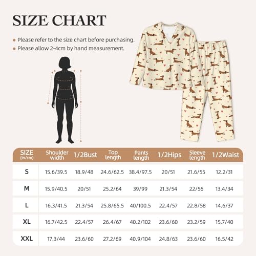 Kuilepa Damen-Pyjama-Set mit Herz-Dackel-Motiv, Knopfleiste, 2-teilig, langärmelig, Schwarz, L