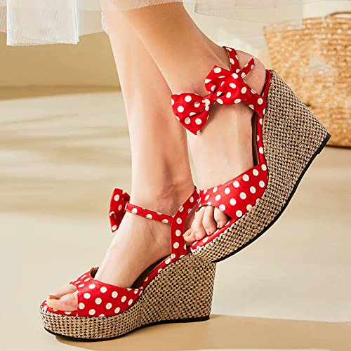 KISSASA Womens Polka Dot High Heels with Bow Espadrille Wedge Peep Toe Satin Sandals2