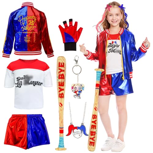 Kitimi Disfraz de Quin Niñas, Costume Quin Niños DisfraZ de Villano con Chaqueta, Camiseta, Pantalones Cortos, Guante, llavero, Disfraces Joker Cosplay para Halloween Carnava Navidad