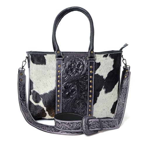 Image of Merbaa Western Cowhide Hairon Leather Tote Bag for Women With Adjustable Tooled Shoulder Strap Leather Purse
