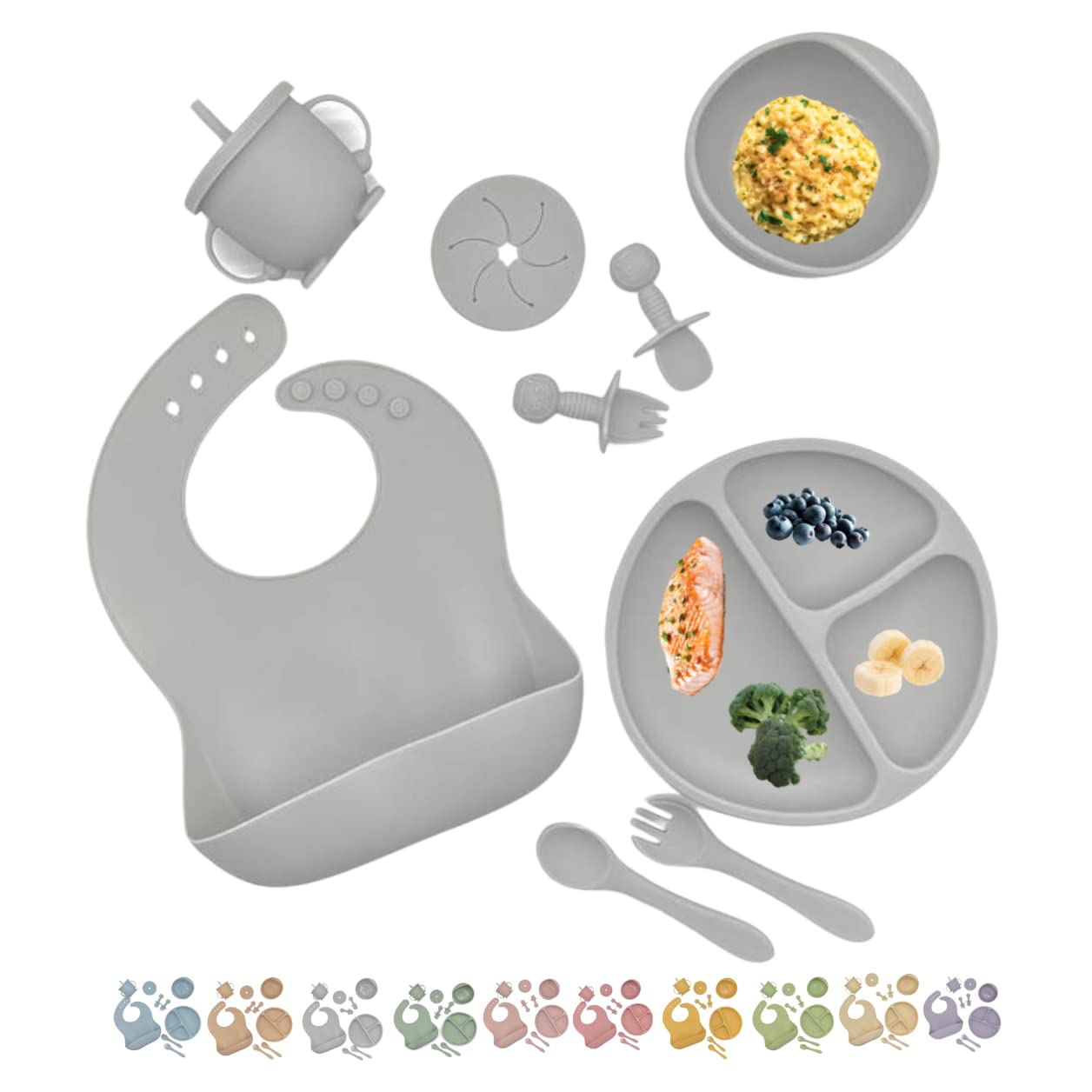 Photo 1 of Baby Led Weaning 10 Piece Feeding Eating Supplies | Strong Suction Plate Silicone Cup Snack Lid Drink Lid with Straw Silicone Suction Bowl Bib Spoons Forks Baby Tableware Set 6MonthsToToddler(Grey)