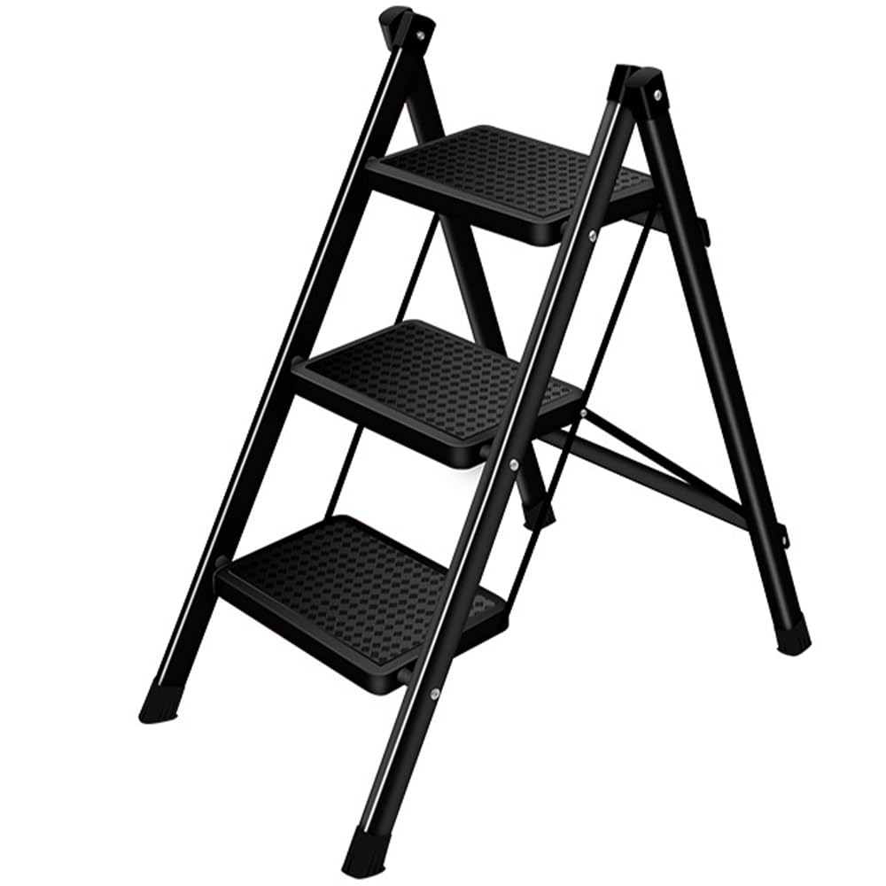 TOMVAES 3 Step Ladder, Black Foldable Step Ladder, Lightweight Anti-Slip Pedal Ladder, Home Collapsible Stepladders, Kitchen Closet Library Office Stepping Stool, 40 * 48 * 58.5cm