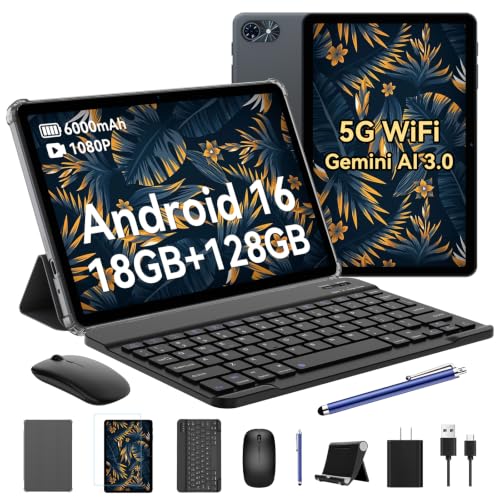 Tablet 10 Inch, 2026 Android 16 Tablets with Keyboard, 18GB+128GB, 2TB Expand, Widevine L1 Compatible Octa-Core Android Tablet with 5G WiFi, 1080P Display, 6000mAh, AI Camera, OTG, 4 Years Warranty
