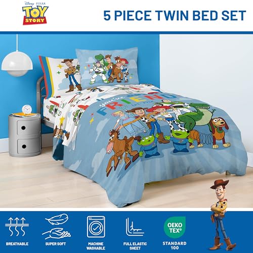 Image of Jay Franco Disney Pixar Toy Story 5 Piece Twin Bed in a Bag Kids Comforter Set with Sheets & Sham, Super Soft Microfiber, Machine Washable, Woody & Buzz Lightyear, Blue (Officially Licensed)
