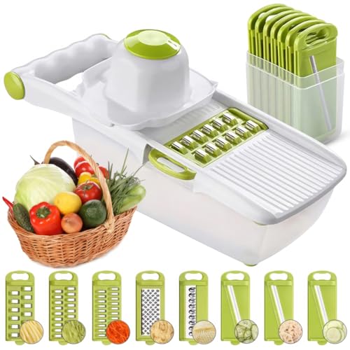ADOV All in 1 Mandoline Slicer, Fruit and Vegetable Slicer, Multi Function Veg Cutter, Interchangeable Stainless Steel with Food Container, Hand Protector, Julienne Slice for Potato Tomato Onion