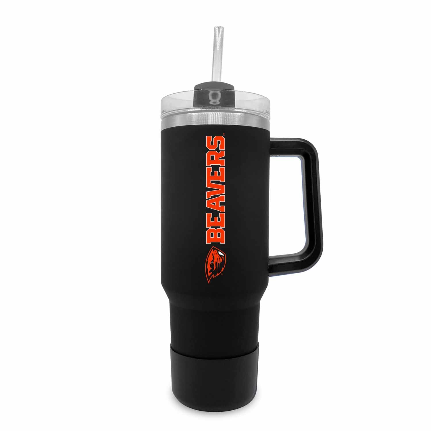 Campus Colors College & University 40 oz Travel Tumbler With Handle - Dual Option Lid With Straw - Vacuum Insulated Stainless Steel (Oregon State Beavers - Black)