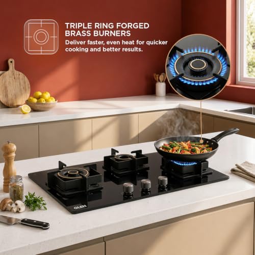 Image of Glen 77 CM 3 Burner Auto Ignition Glass Hob | 2 Triple Ring Forged Brass Burners | Built-in Gas Hob | Toughened Black Glass | 2 Years Standard Warranty & 5 Years Warranty | BH1073DFHT2TR77