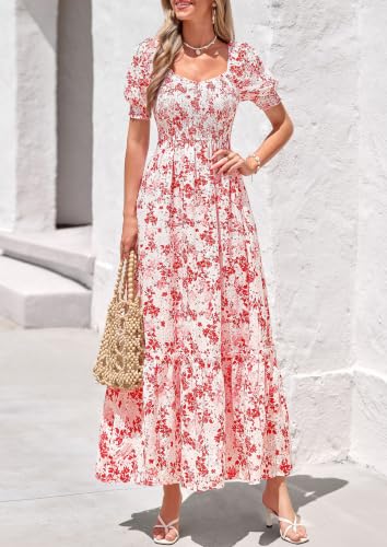 Image of PRETTYGARDEN Women's Summer Floral Boho Eyelet Flowy Maxi Dresses | Embroidered,Hollow Out,Sweetheart Neck,Lantern Short Sleeve,Smocked Pockets,Fit and Flare,Swing Long,Beach Vacation Clothes