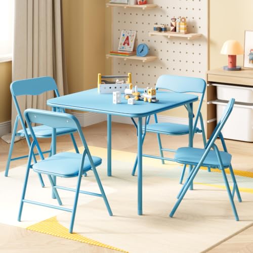 Image of JOYMOR Kids Folding Table and Chairs Set, 5-Piece Metal Frame Activity Set with Easy-Fold Design for Playroom & Classroom, Blue