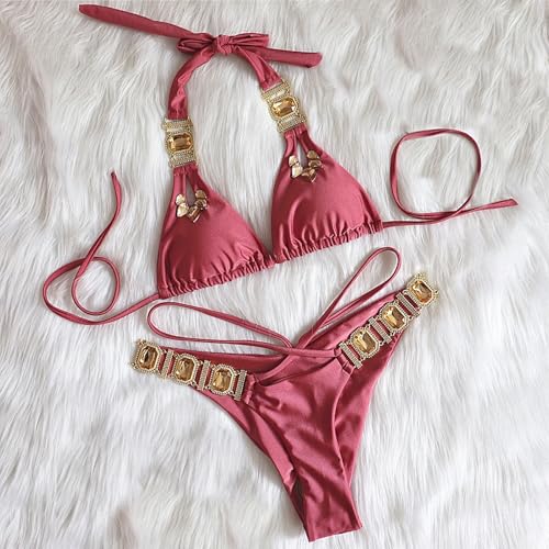 Lisa Colly Women's Sexy Swimwear Two Piece Bikini Bathing Suits Crystal Diamond Bikini Halter Swimsuit3