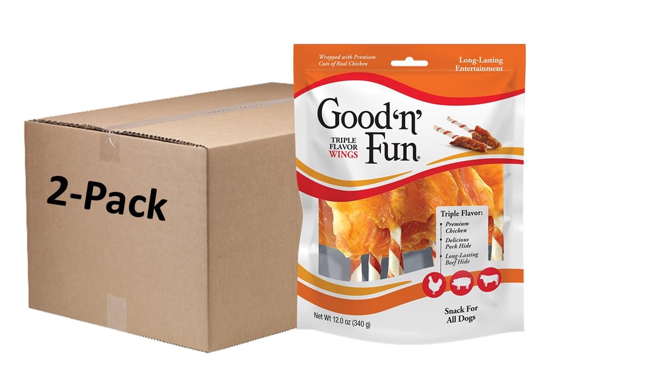 Good ‘n’ Fun Triple Flavor Wings Chews for All Dogs, 12 Ounces, Treat Your Dog to Long-Lasting Chews Made with Chicken, Pork Hide and Beef Hide, Pack of 2