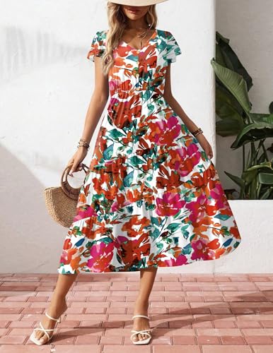 Image of Zeagoo Women Dresses Summer Flutter Sleeve Sleeve V-Neck Button Front Beach Sundress