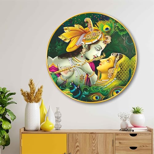 Image of SAF Radha Krishna Round Wall Painting with Golden Frame | Romantic Hindu Spiritual Wall Art | Divine Love Religious Home Decor for Living Room Bedroom Pooja Room Office (23 X 23 Inch) GR-255