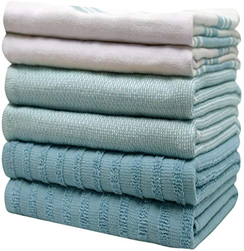 Premium Kitchen Towels (20”X 28”, 6 Pack) | Large Kitchen Hand Towels | Kitchen Towels Cotton | Flat & Terry Towel | Highly Absorbent Tea Towels Set With Hanging Loop | Wide Stripe Aqua #TOP5