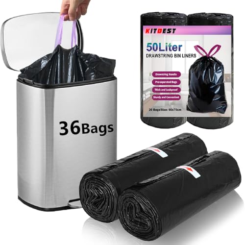 KITBEST 50L Black Bin Bags Drawstring 36PC Recycled Plastic Pre-separated