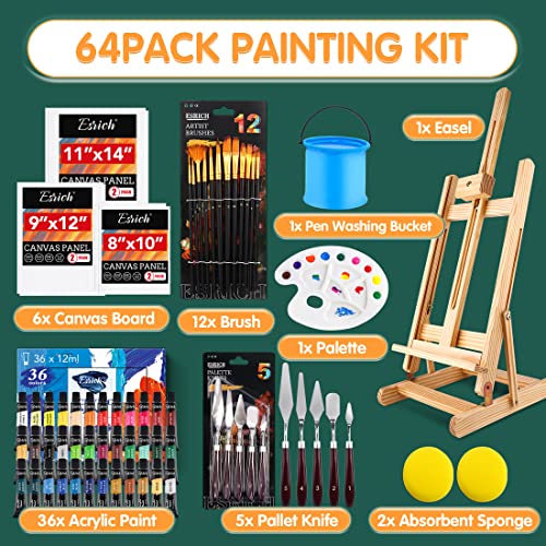ESRICH-Acrylic-Paint-Set64PCS-Painting-Supplies-with-Wooden-EaselPaint-Brushes36Colors-Acrylic-Paint-CanvasesPalettePaint-Knives-EtcPainting-Kit-for-AdultsStudentsHobbyistsBeginners