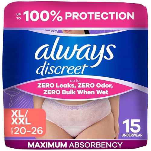 Image of Always Discreet Adult Diapers for Women, Incontinence Underwear, Postpartum Essentials, Disposable Briefs, Max Absorbency, Bladder Leak Protection, Extra Large/XL, 15ct
