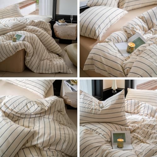 Image of Striped Comforter Set Queen Size Grey Stripes Pattern Printed Comforter 3 Pieces Lightweight Boho Bedding Comforter Set for All Seasons Breathable Soft Fluffy Beige Comforter with 2 Pillowcases