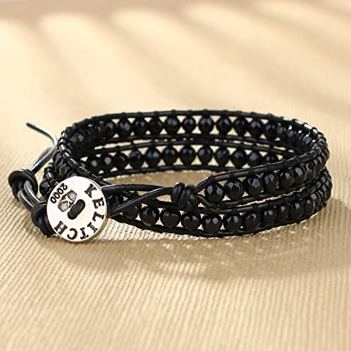 Image of KELITCH Natural Agate Onyx 2 Wrap Bracelets Handmade Leather Strand Bracelets Fashion Jewelry