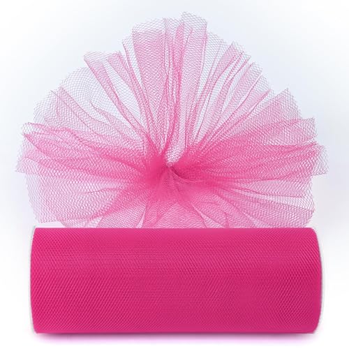 Image of Hot Pink Tulle Fabric Ribbon 6 Inch by 25 Yards Rolls Fabric Spool Tulle for Gift Wrapping Wedding Decorations Craft Supplies DIY Tutu Skirt Baby Shower Birthday Party