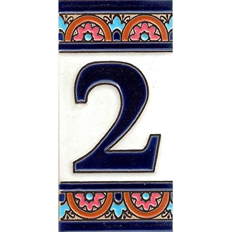 TORO DEL ORO House Numbers - Tile Numbers and Letters - Enamel Ceramic - Hand Painted Technical Dry Rope - Names and Address - Blue Bow Design 5.5 x 10.5 cm (Number Two "2") Cover