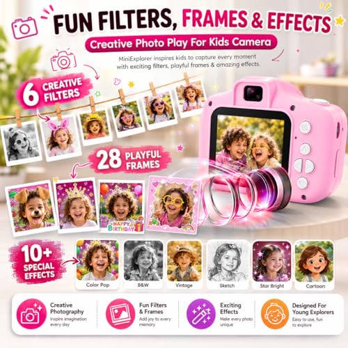 Image of MiniExplorer Mini Camera for Kids 3.0MP 1080P HD Video Digital Camera with 2-Inch Screen, USB Rechargeable Camera for Photo, Supports 32GB SD Card, Toys for Boys & Girls 7-14 Years - Pink