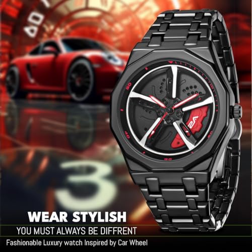 Image of V2A Vortex Men's Spinning Car Wheels Watch for Men- Octagonal Alloy Case with Stainless Steel Band | Analog Timepiece | Bold Sports Watch for Car Enthusiasts