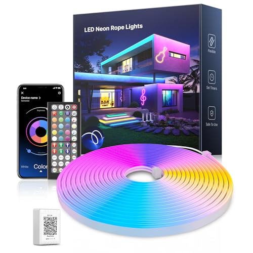 5M Led Neon Rope Lights, Flexible RGB LED Strip Lights with App/Remote Control, Music Sync Colour Changing Gaming Strip Lights, Waterproof Led Lights for Bedroom Home Decor
