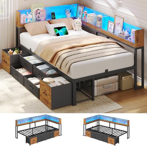 AOGLLATI Schlafsofa 90x200 Jugendbett mit Integriertem Bücherregal & 6 Schubladen,Bett mit Stauraum & LED-Beleuchtung Gästebett Tagesbett Bettgestell mit Lattenrost (Vintage Braun, 90x200cm)