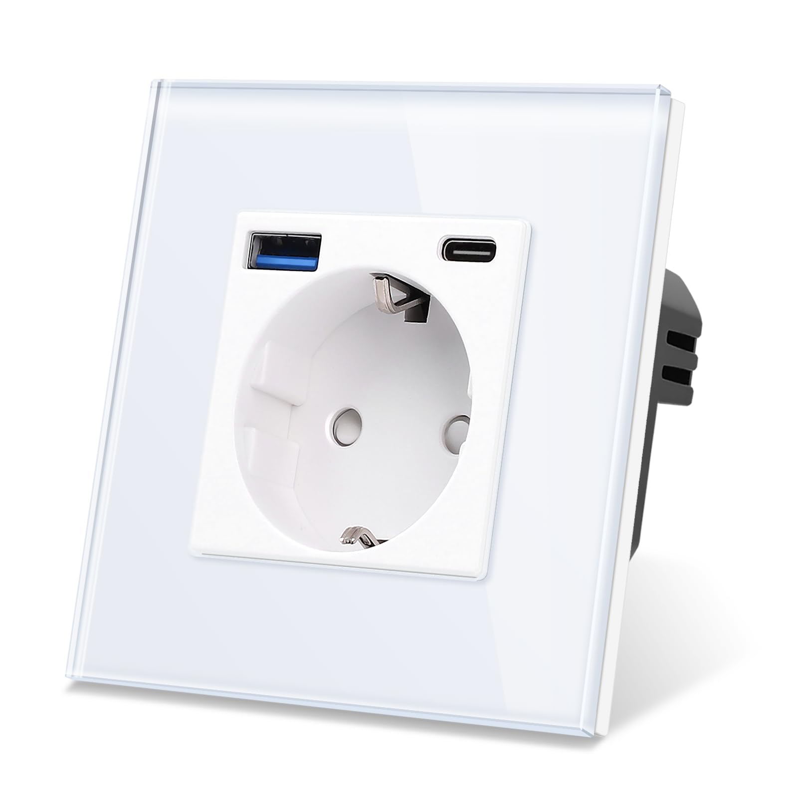 CNBINGO Glas Steckdose mit USB Ports (Typ-C und Typ-A unterstützung 20W Schnellladen) - Einfach Steckdose Unterputz in Weiß - Schuko Schutzkontakt Wandsteckdose mit Glasrahmen