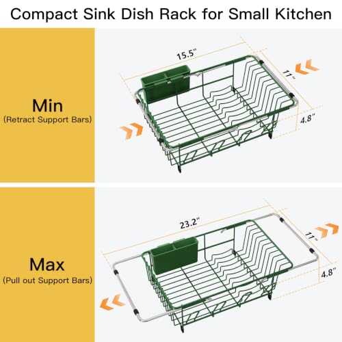 Image of JASIWAY Green Dish Drying Rack in Sink, Dish Drainer with Utensil Holder
